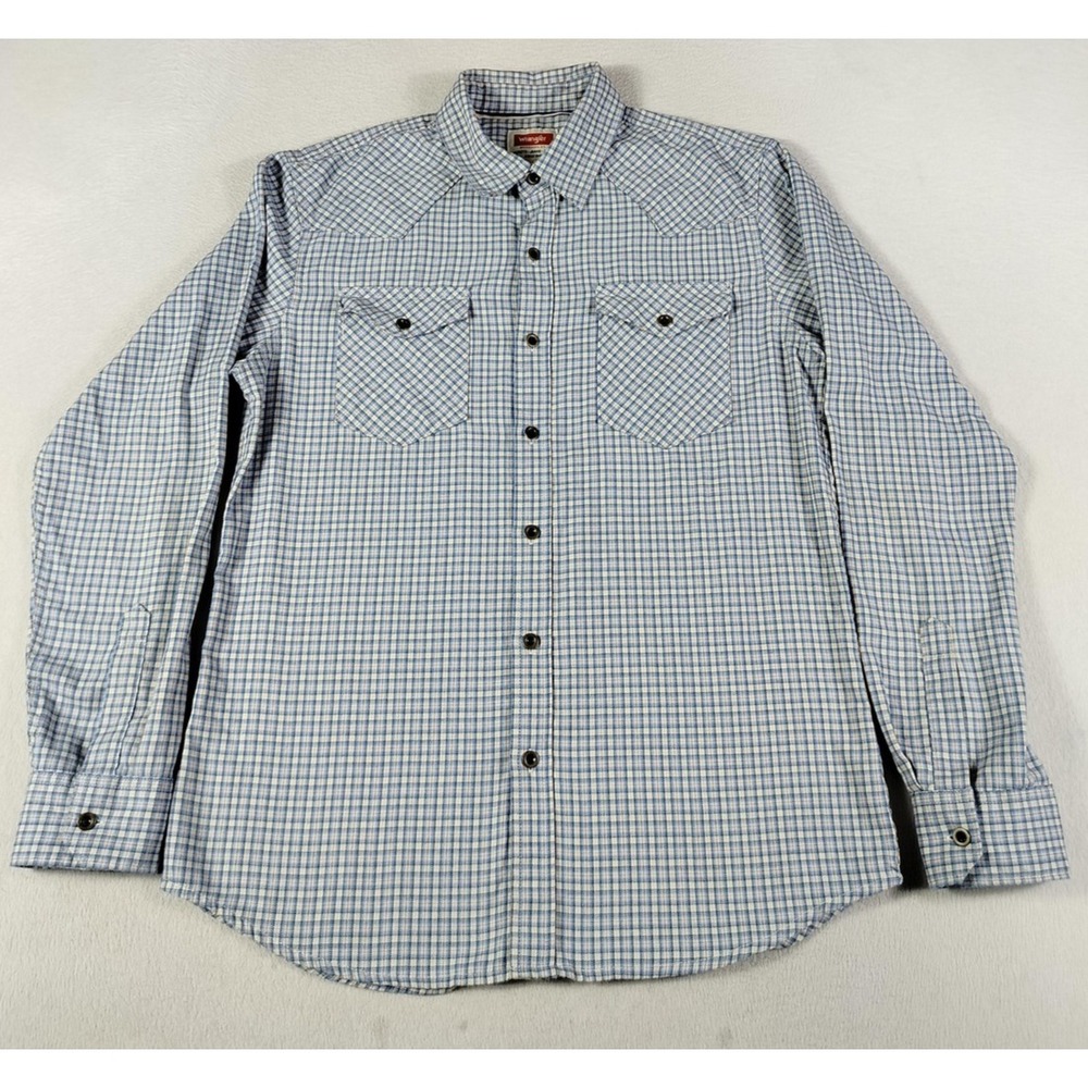Wrangler Shirt Mens Medium Blue‎ Plaid Long Sleeve Western Stretch Rodeo Cowboy